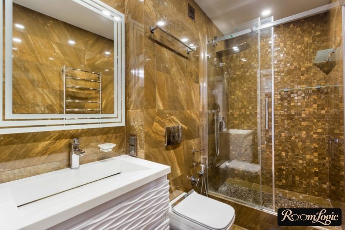 tile in brown marble pattern in combined bathroom with shower