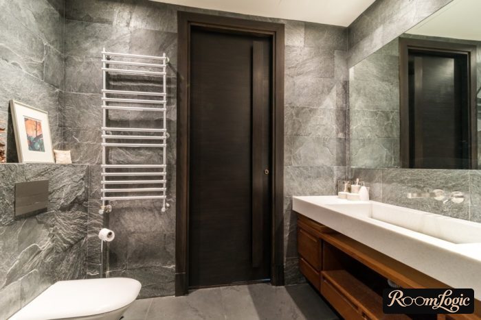 tile in gray stone-like pattern for loft bathroom