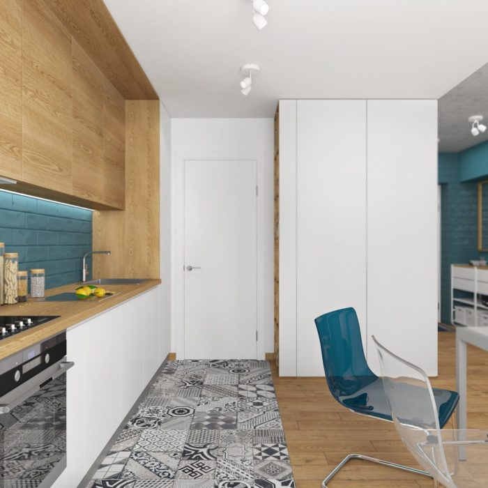 tile joint and parquet in the kitchen zone