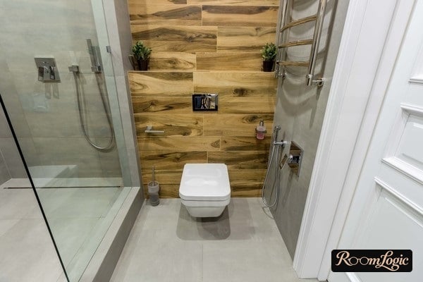 tile wall in bathroom with wooden tiles installed offset