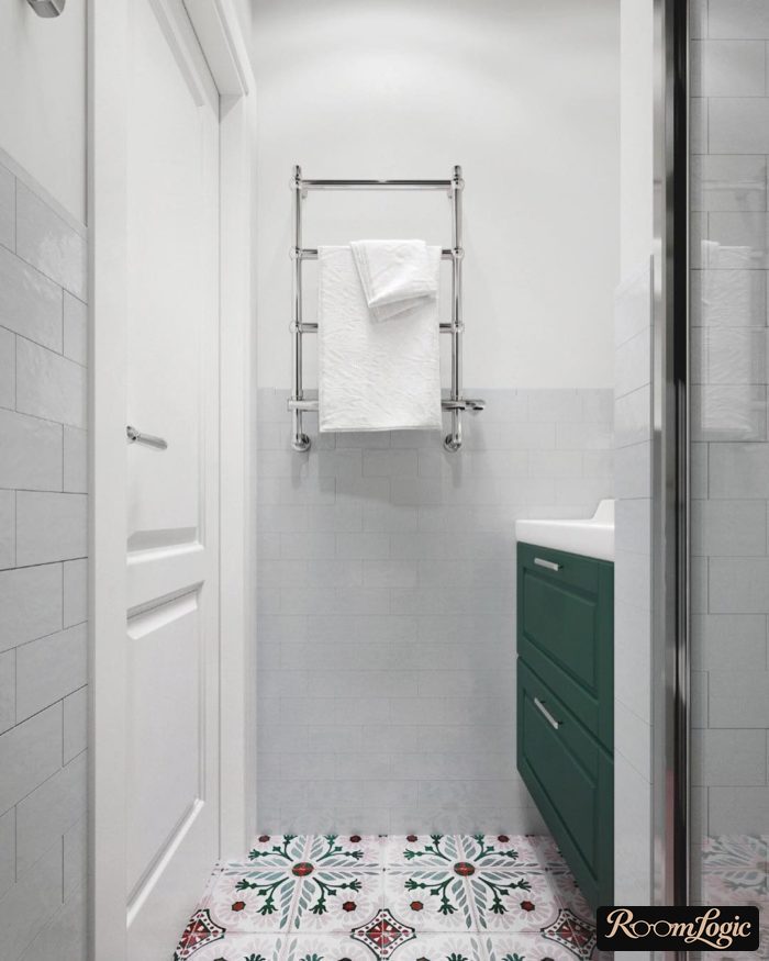 tile with pattern on floor of light bathroom