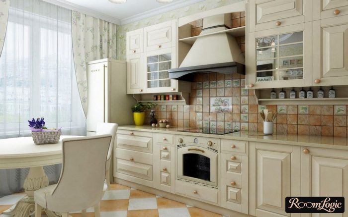 tile with sandy texture on the kitchen floor and backsplash in provence style