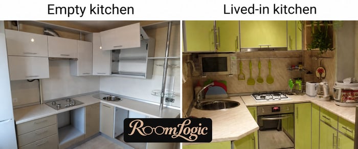 An empty tiny kitchen compared with the same kind of lived-in kitchen