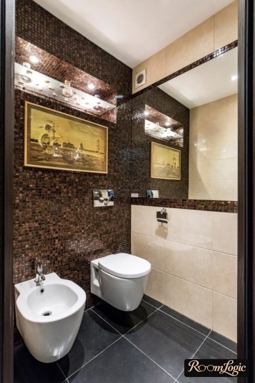 toilet with bidet and glossy mosaic