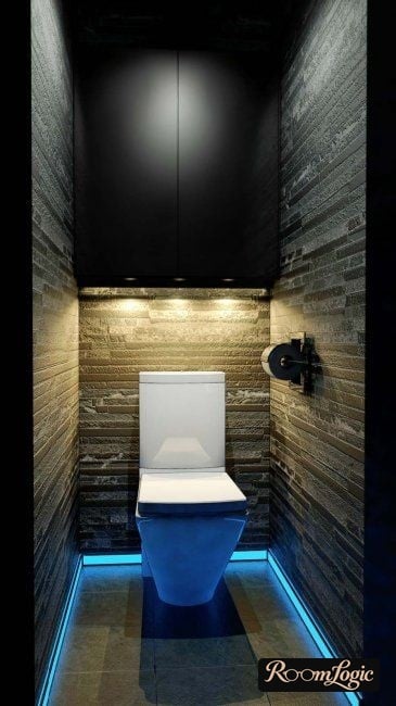 toilet with neon lit baseboard
