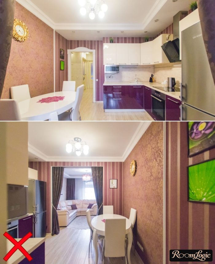 too brightly colored combination of purple kitchen and accent wallpaper