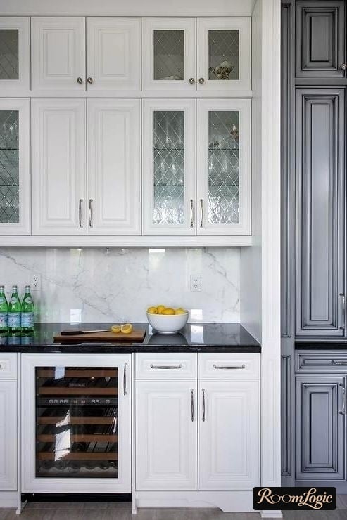 translucent glass doors and ceiling-to-floor upper cabinets in Provence style