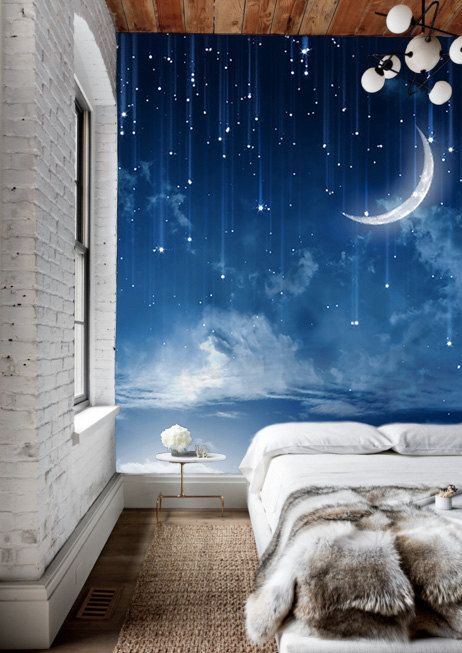 Trendy blue photo wallpaper in a bedroom design