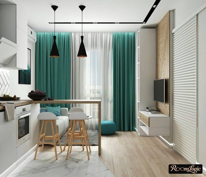 Turquoise curtains in the kitchen with a balcony door