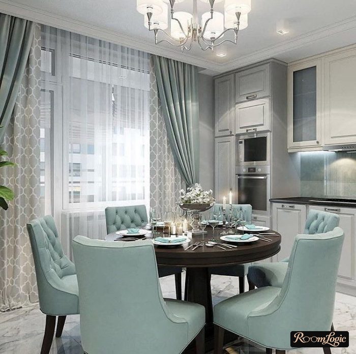 Turquoise curtains with a sheers on the kitchen window