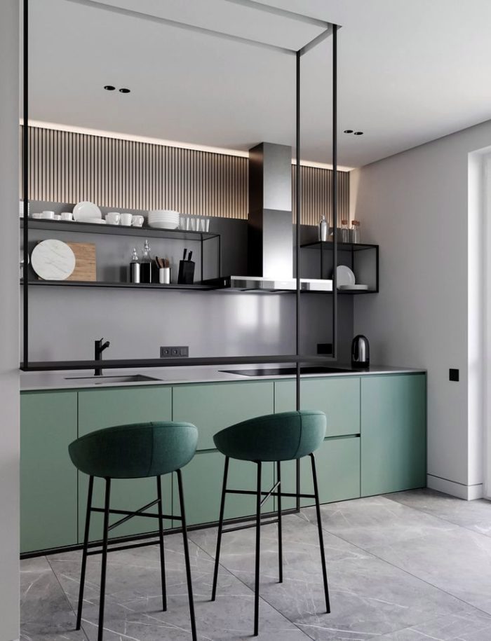 Turquoise kitchen in a modern style with wooden slats