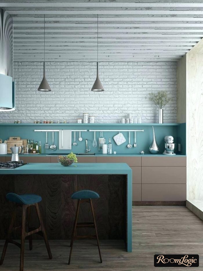 Turquoise kitchen with high ceilings and open shelves