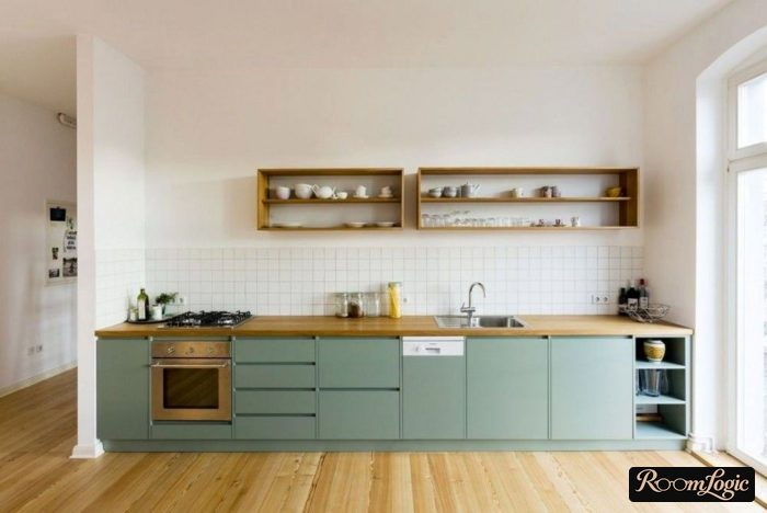 turquoise kitchen without upper cabinets