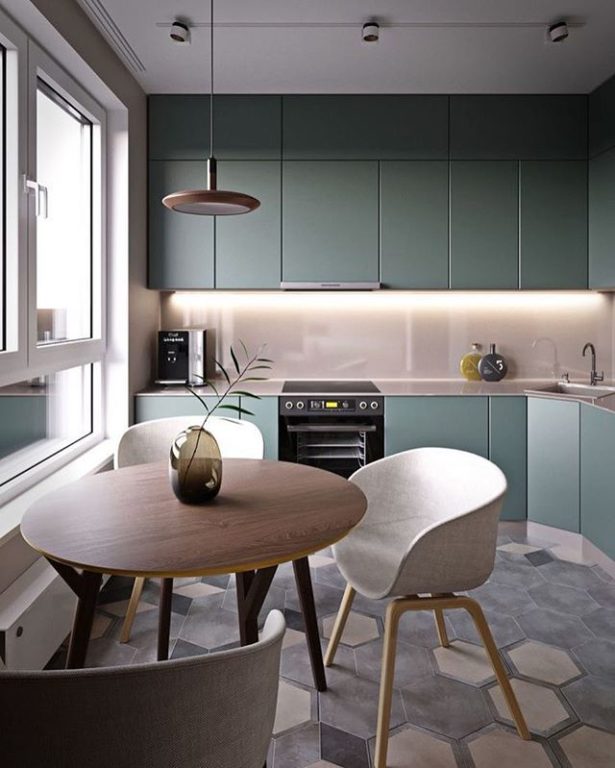 Turquoise small kitchen with corner sink