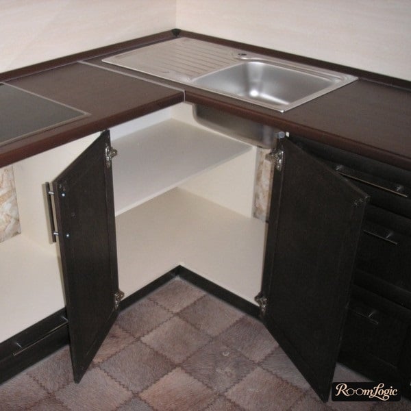 Two hinged doors at the corner of the kitchen