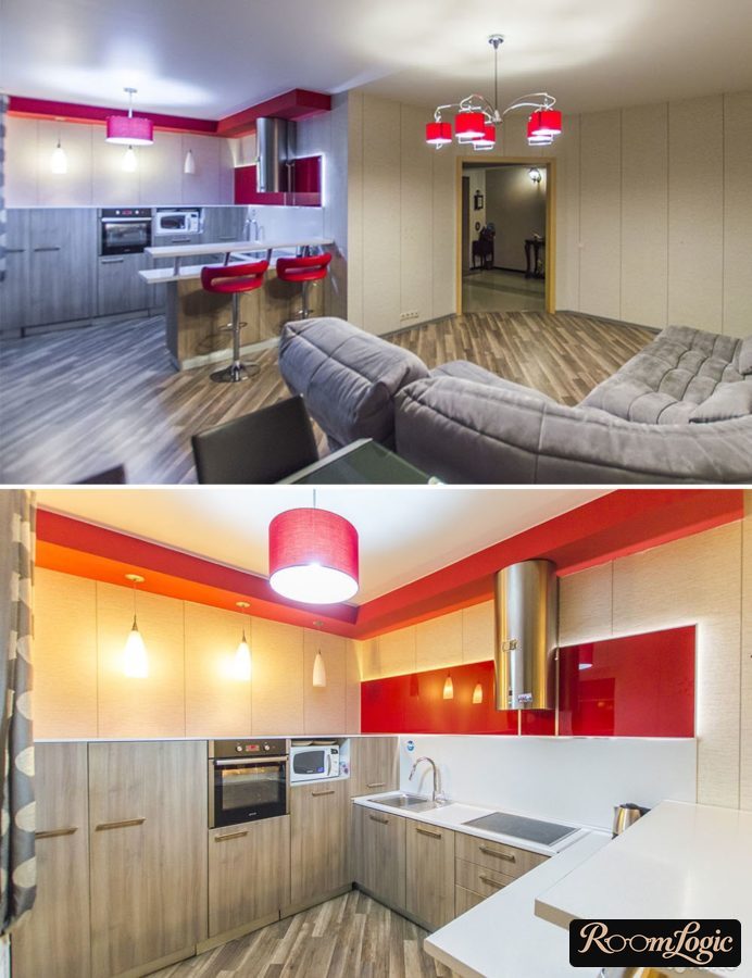 Two-level breakfast bar in a beige and red kitchen