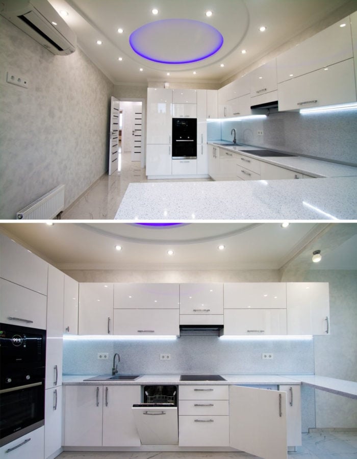 Two photos of a kitchen design with a breakfast bar