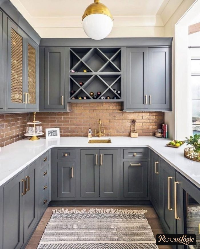 U-shaped gray kitchen in neoclassical style