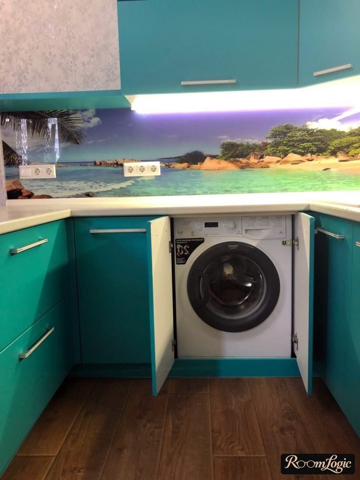 U-shaped kitchen with a washer and combined with a living room