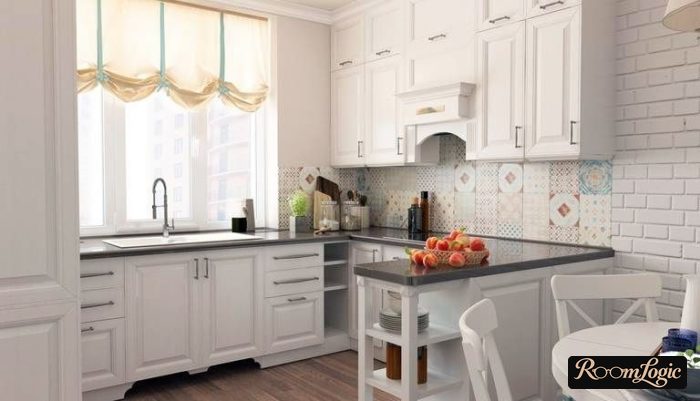 U-shaped kitchen design with a window