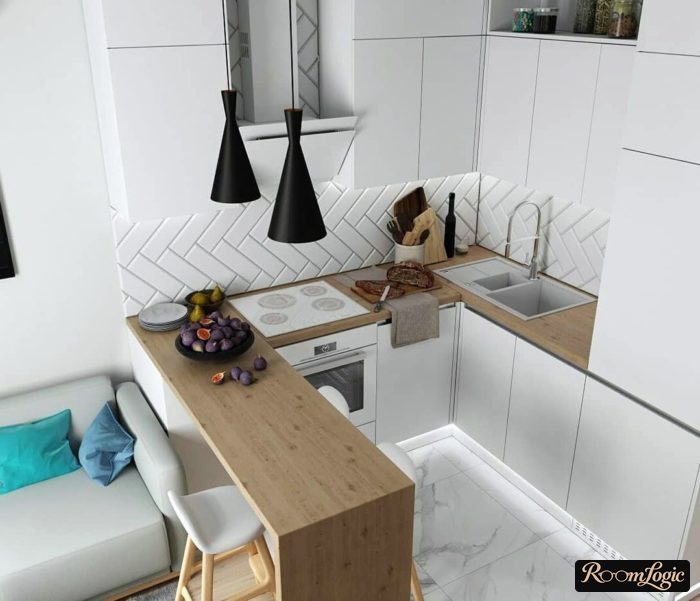 U-shaped kitchen with a breakfast bar and window