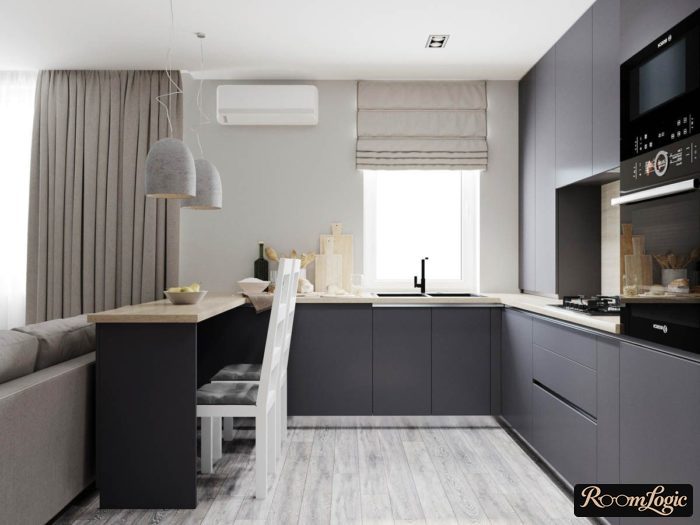 U-shaped kitchen with a breakfast bar and no cabinets on one side