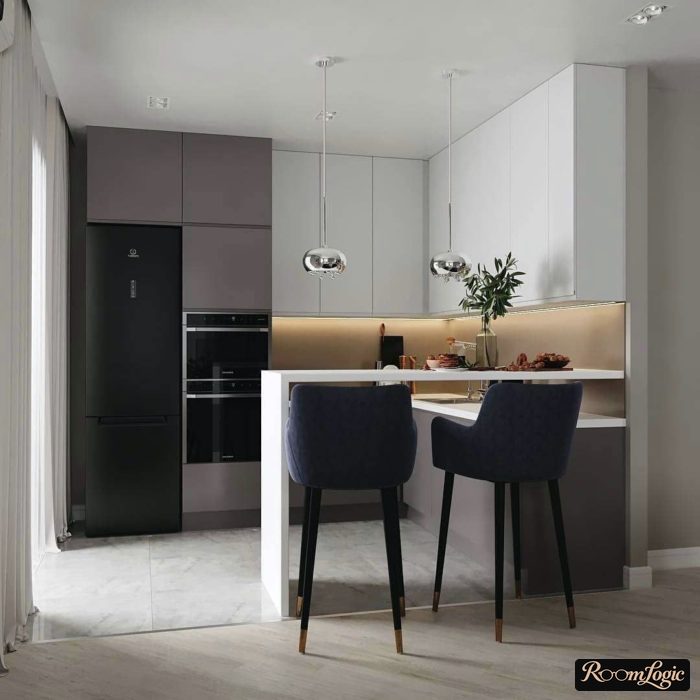 U-shaped kitchen with a breakfast bar combined with the living room