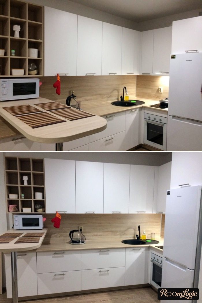 U-shaped kitchen with a breakfast bar combined with the living room