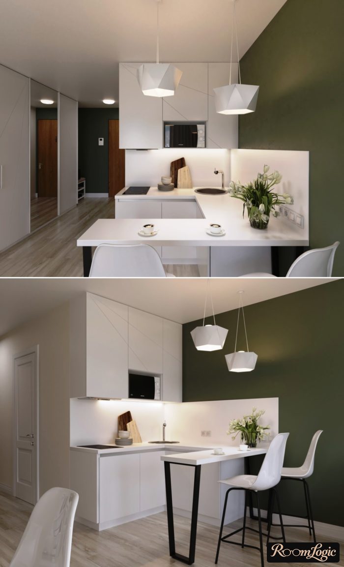 U-shaped kitchen with a window and breakfast bar