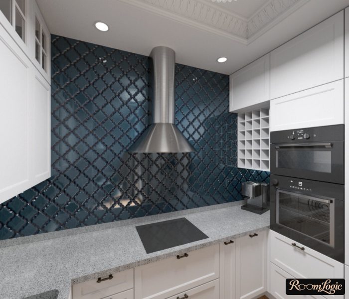 U-shaped kitchen without upper cabinets with backsplash to ceiling