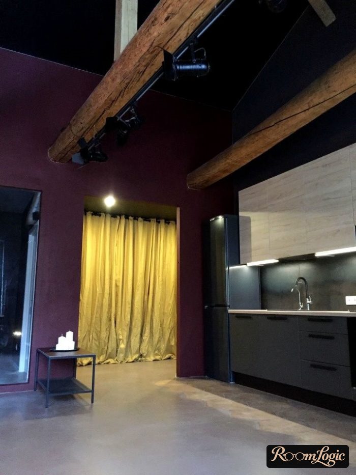 unusual kitchen design with wooden beams