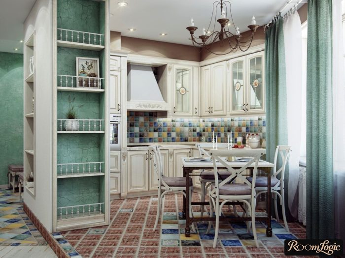 Various colors in kitchen interior in Provence style