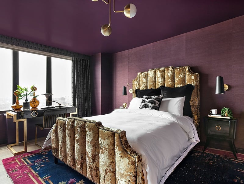violet and gold in art deco bedroom