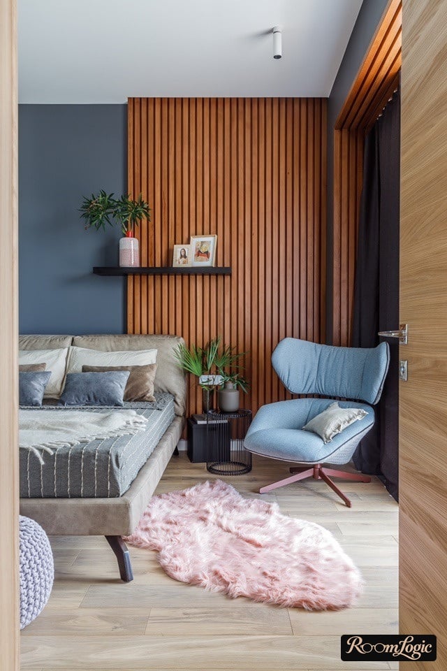 Wall slats in a Scandinavian bedroom