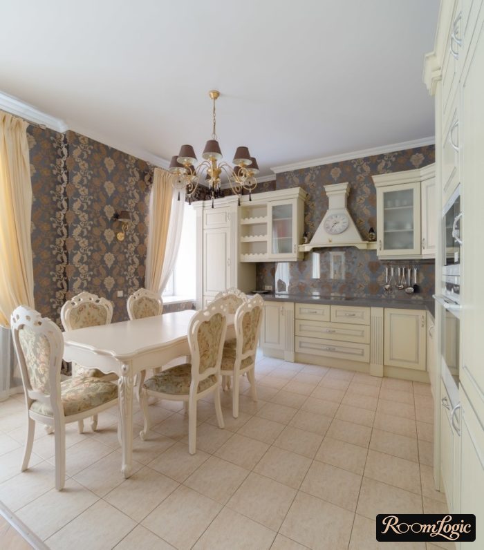 wallpaper with pattern in the interior of a classical kitchen