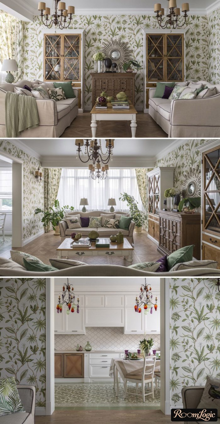 wallpaper with plants in eclectic interior
