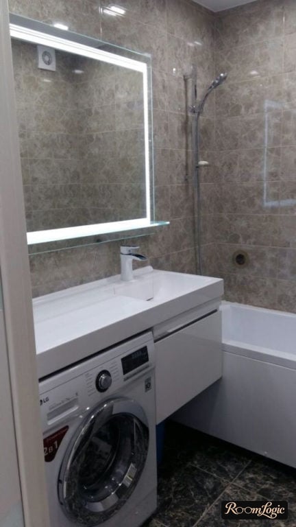 washer under sink in bathroom in tiny apartment bathroom design