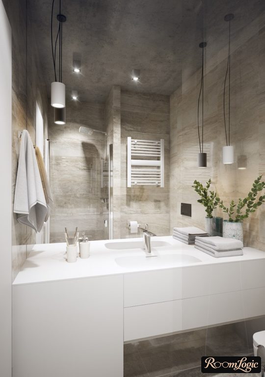 White acrylic countertop with a cast sink in the bathroom in a loft style