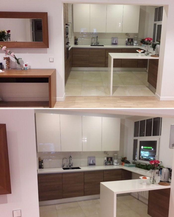 White acrylic L-shaped breakfast bar