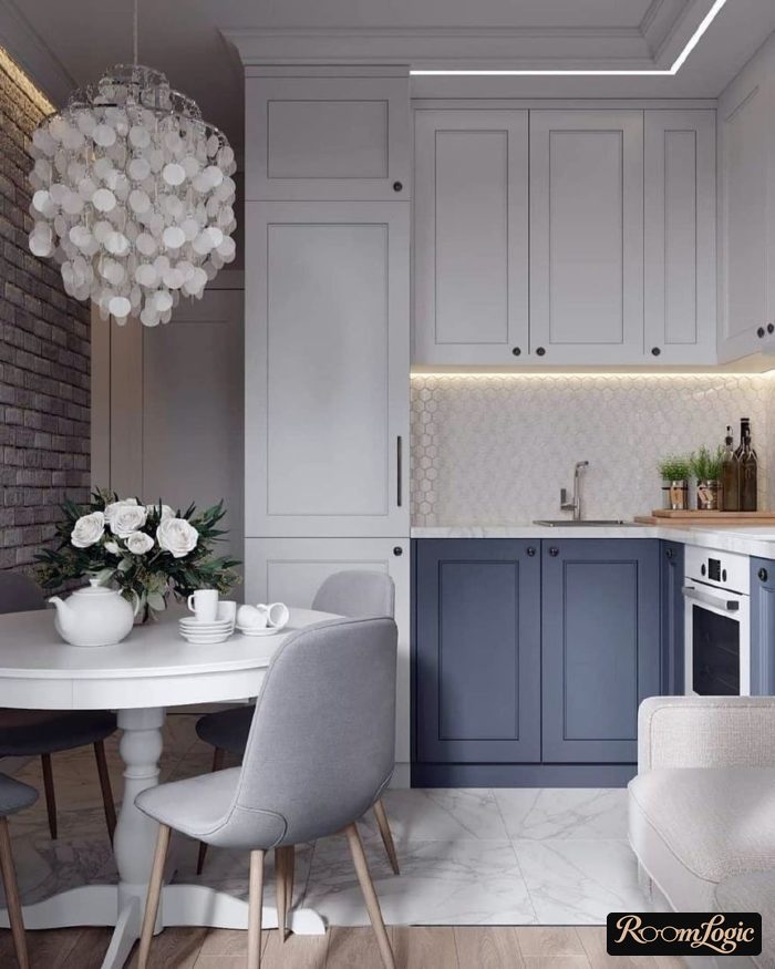 white and blue neoclassical kitchen