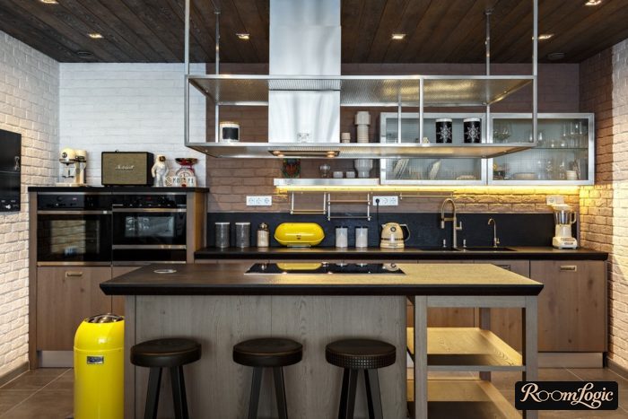 White and brown bricks in the kitchen tile