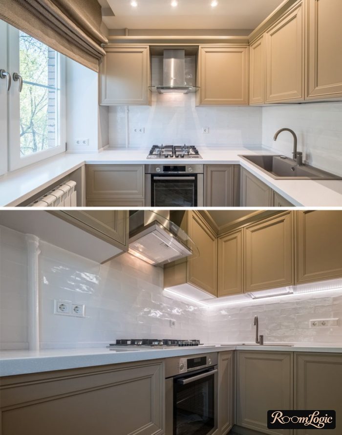 White and gray kitchen in neoclassical style