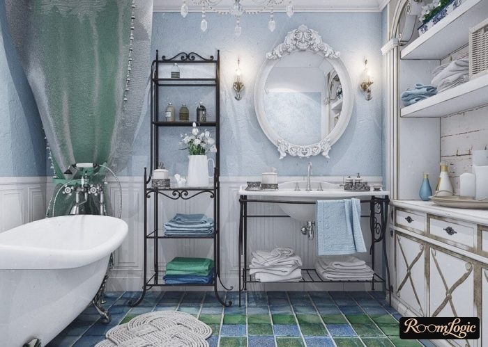 white and light blue combination in a Provence-style bathroom