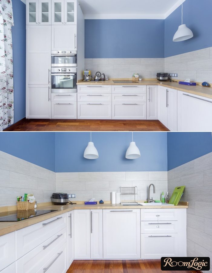 White and light blue corner kitchen without upper cabinets with a peninsula