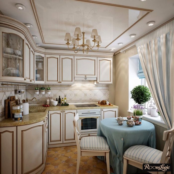 White and light blue curtains in a Provence-style kitchen interior