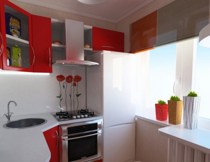 White and red kitchen in a tiny apartment