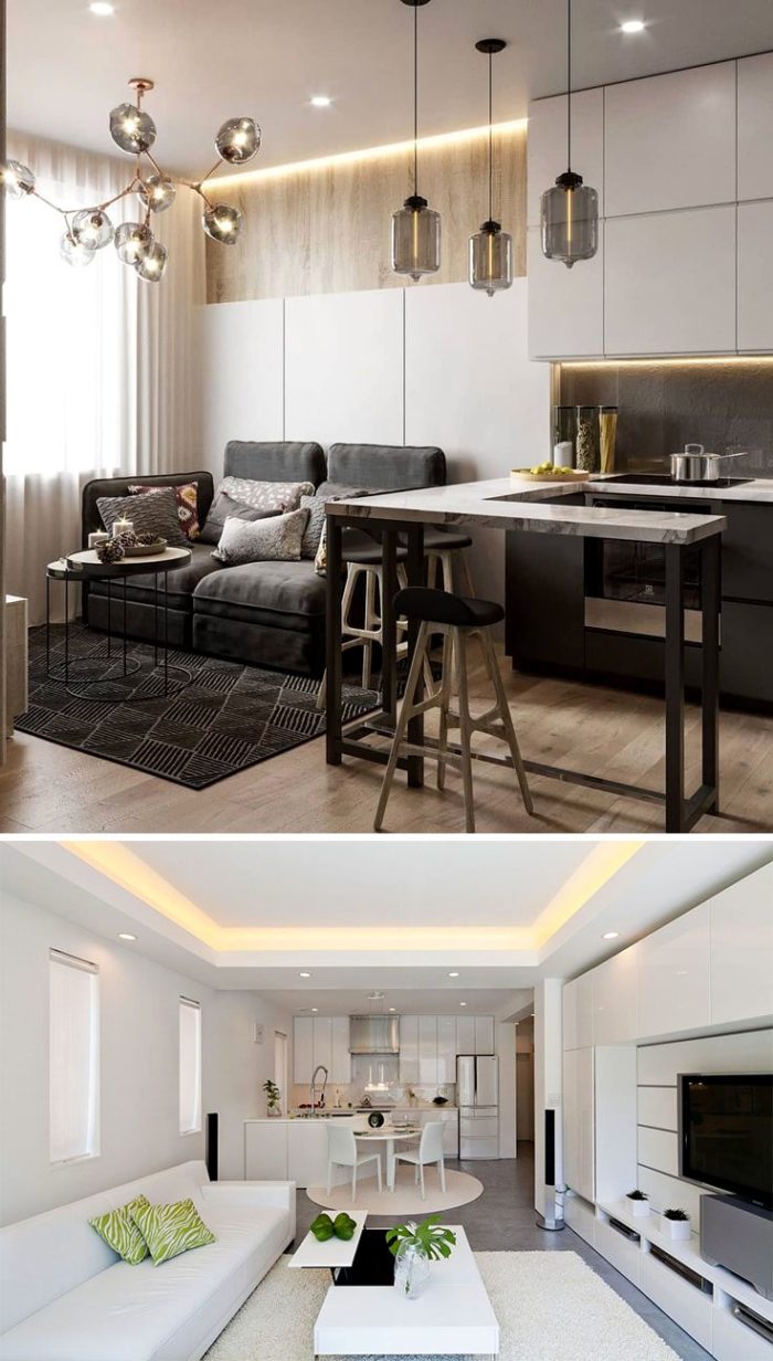 white and wood combination in minimalist kitchen-living room interiors
