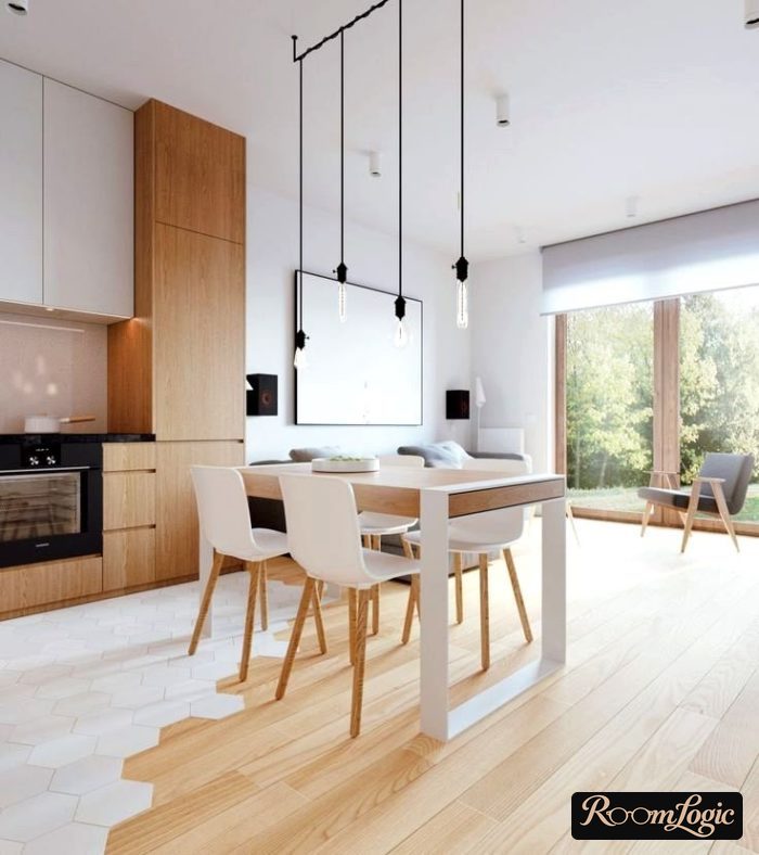 white and wood combination with modern kitchen interior