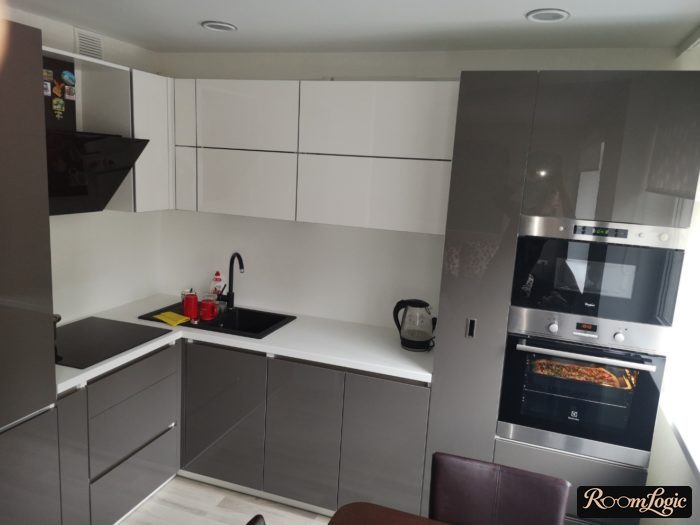 white backsplash in gray kitchen