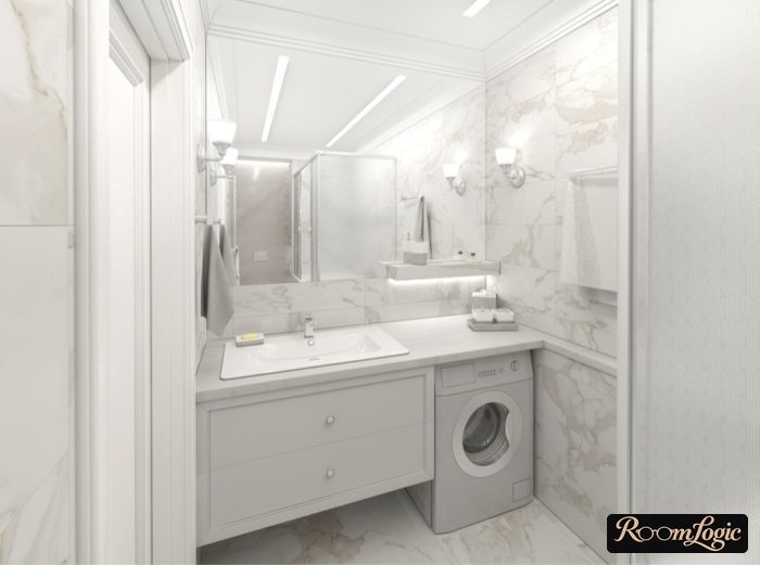 White bathroom 43 square feet with washer